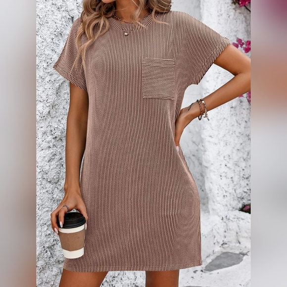 Breezy Ribbed Tee Dress - Tan - Picture 6 of 9